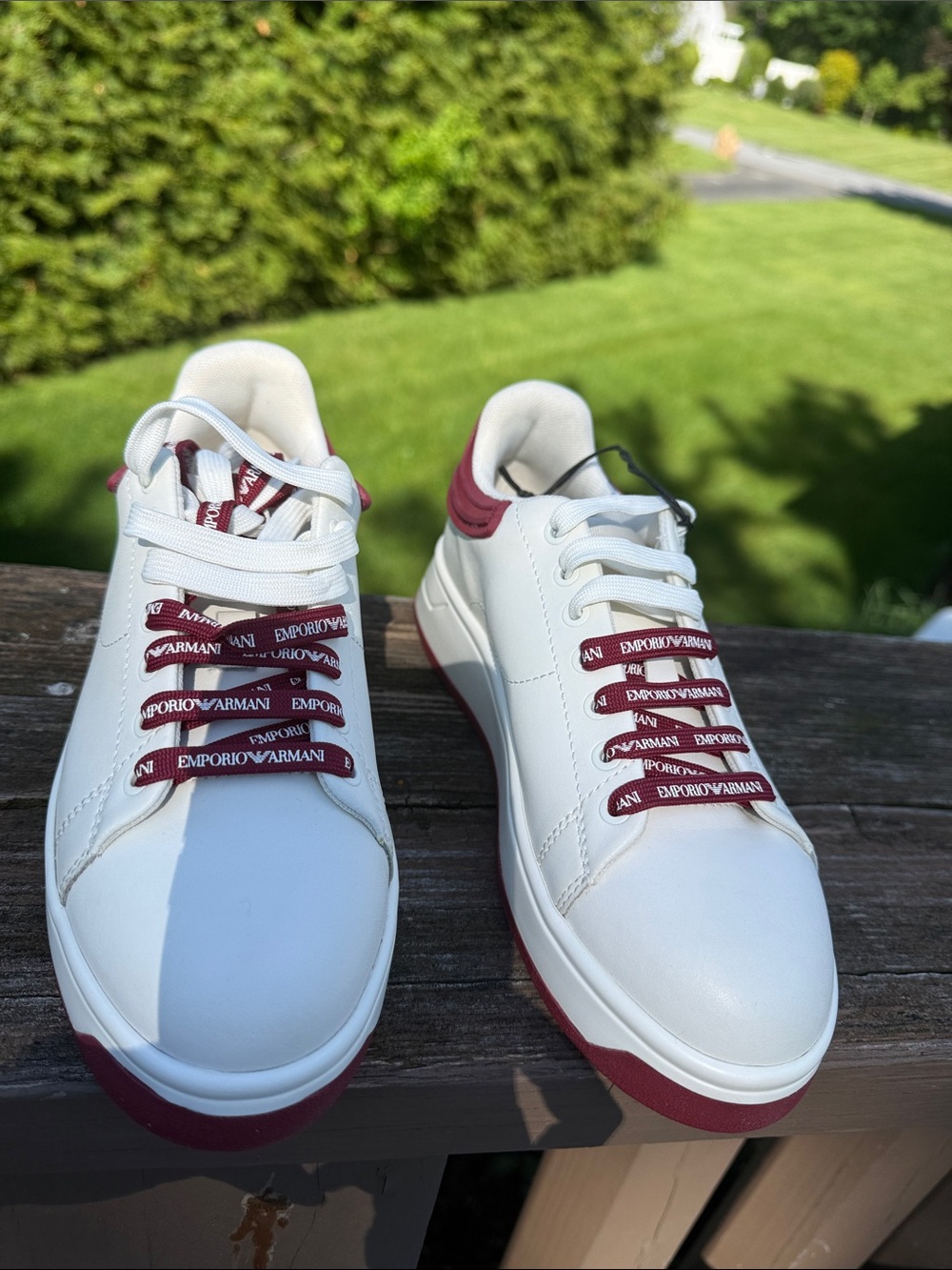 Emporio Armani White Sneakers with Burgundy Accents